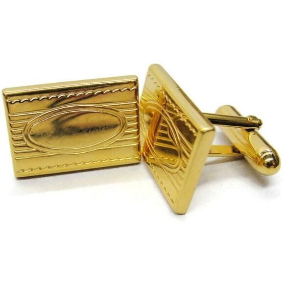 Rectangular Cufflinks Gold Tone Engravable Tux Shirt Dress Suit Vintage - Picture 2 of 6